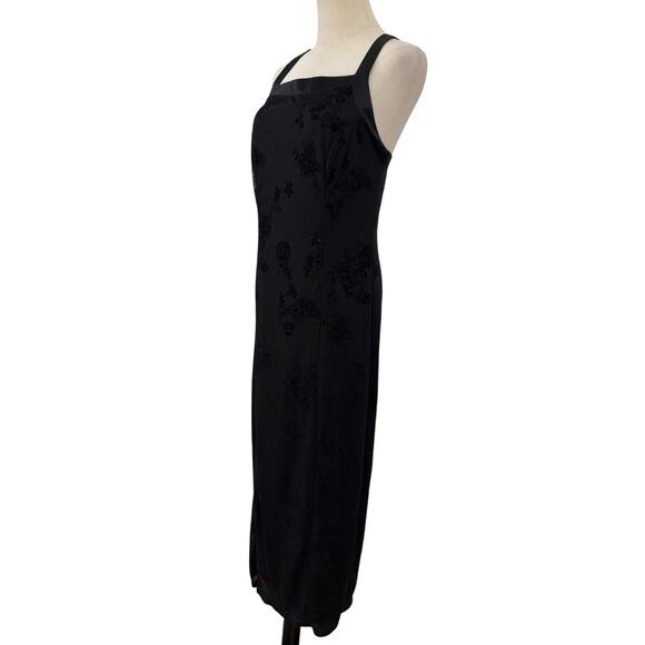 Vtg 90s CDC Black Flocked‎ Velvet Dress Floral Glitter Gown Crisscross 8 Goth - Picture 4 of 7